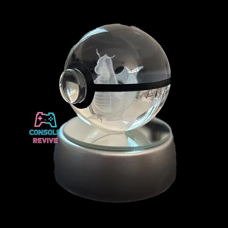 Crystal Pokéball with Laser Engraved Pokémon | LED Light Base | Collectible Gaming Display - Console Revive