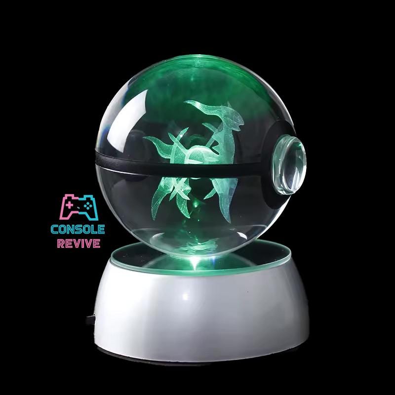 Crystal Pokéball with Laser Engraved Pokémon | LED Light Base | Collectible Gaming Display - Console Revive