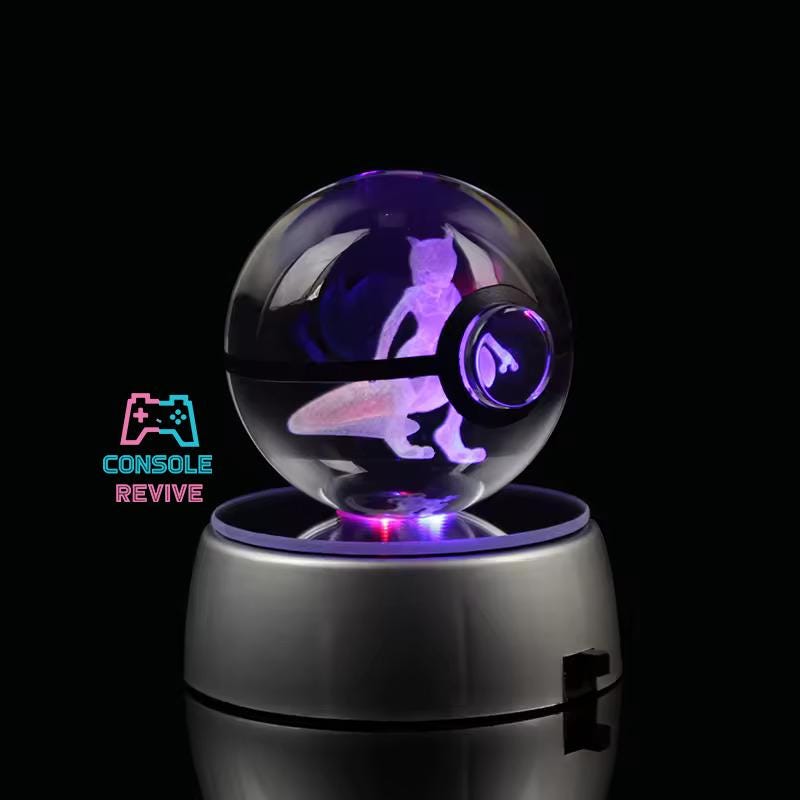 Crystal Pokéball with Laser Engraved Pokémon | LED Light Base | Collectible Gaming Display - Console Revive